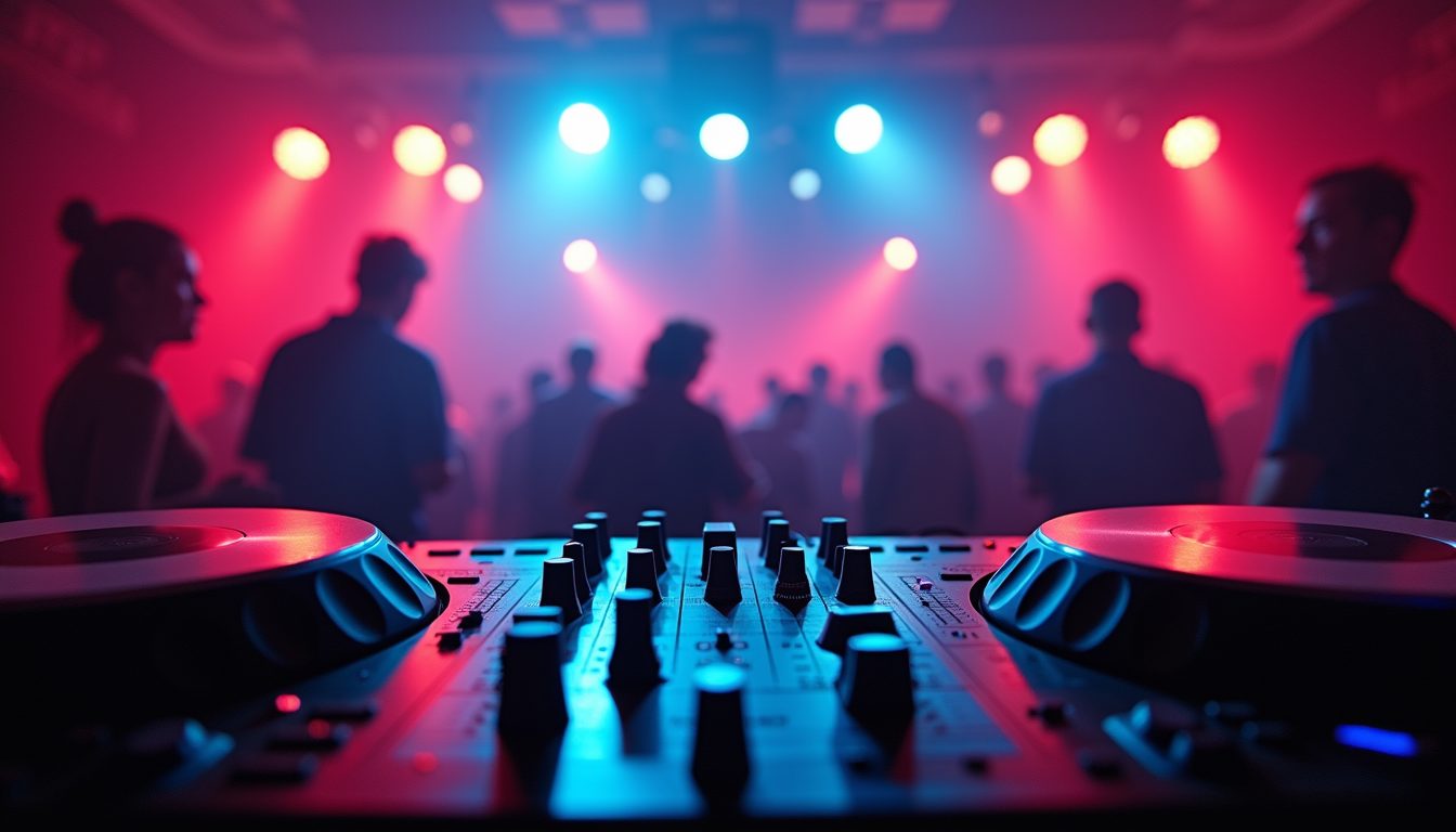 DJ mixer in the foreground with guests on a dance floor under blue and pink event lighting
